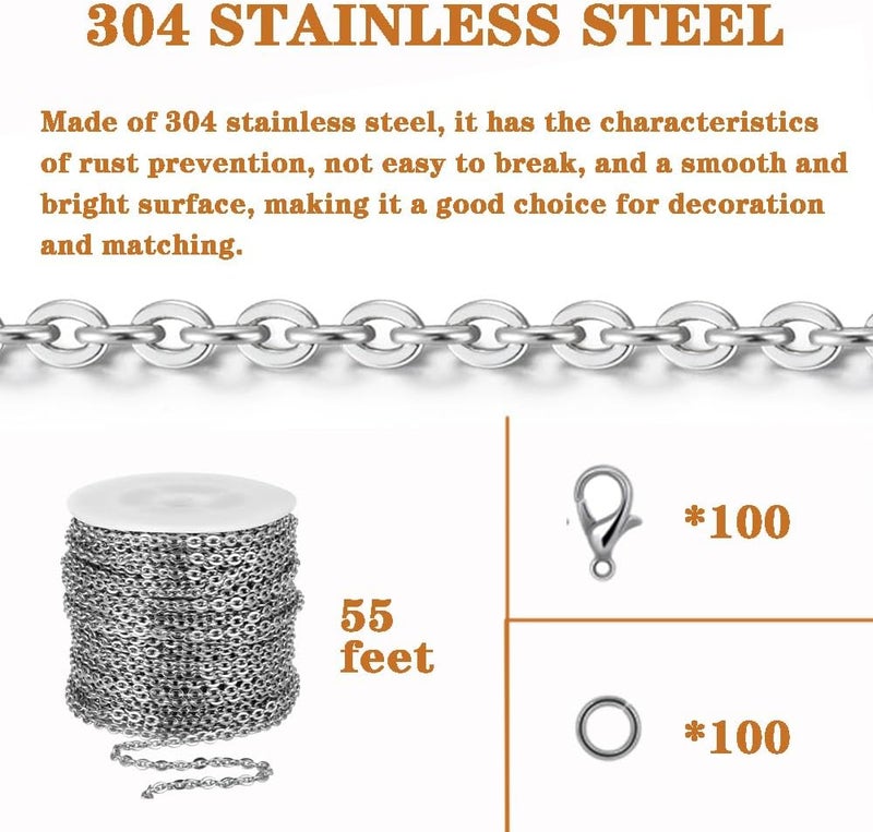 YZDTECH 55ft Cable Link Chain for Jewelry Making,Stainless Steel O-Shaped Chain with 100 Pcs Jump Rings and Lobster Clasps For Keychain DogTag,Silver Plated Necklace Chains for jewellery DIY Craft (0.8*3*4mm) - Image 3